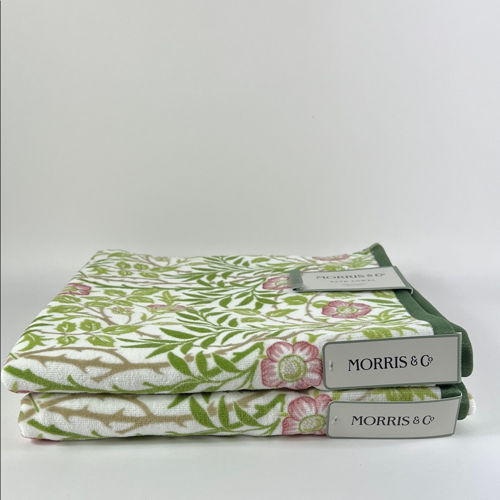 William Morris & Co Bath Towels Green & Pink Floral Sweet Briar Set of 2 NEW